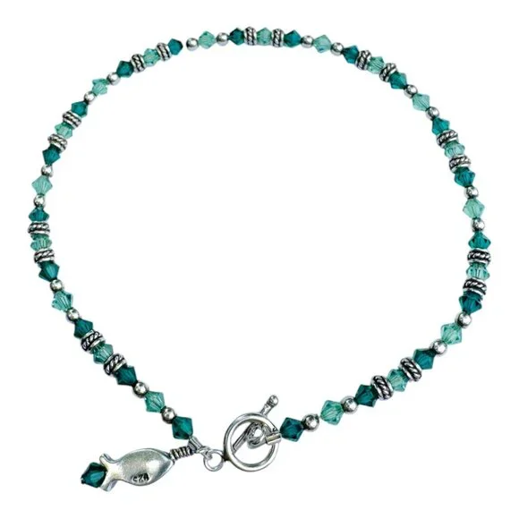 Vintage Silver & Emerald Green Beaded Fish Charm Anklet - Picture 2 of 8